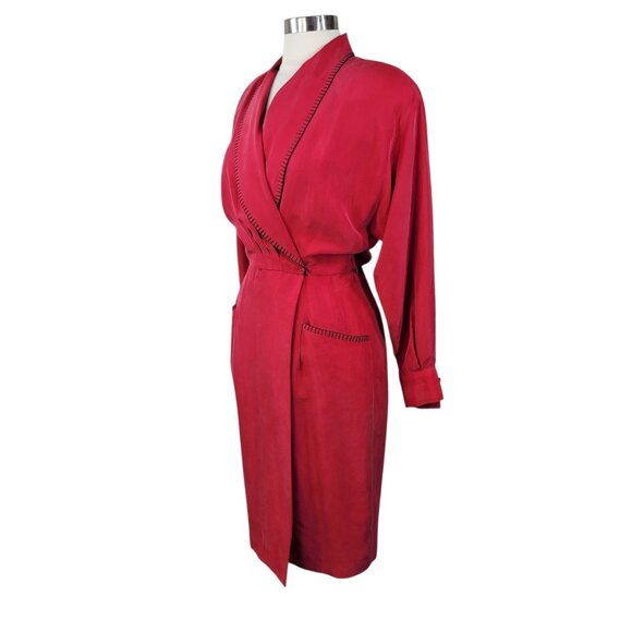 Vintage 100% Silk Power Suit Jacket Dress Size 6 Midi Top Red Wrap Pockets 80s - Picture 8 of 11